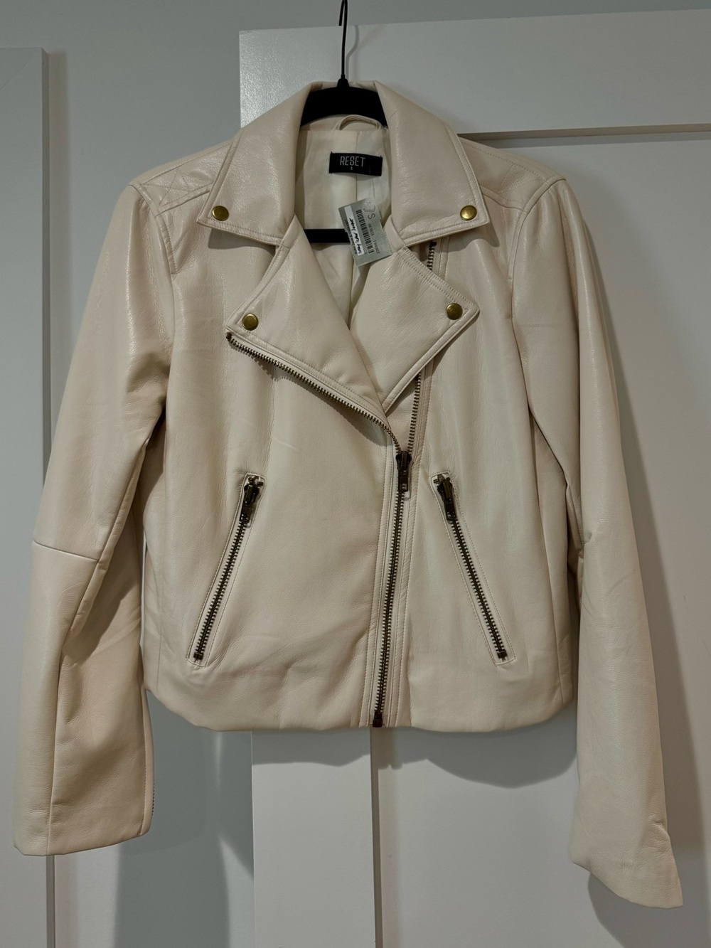 The Reset Cream Leather Moto Jacket with Brass-Tone Hardware